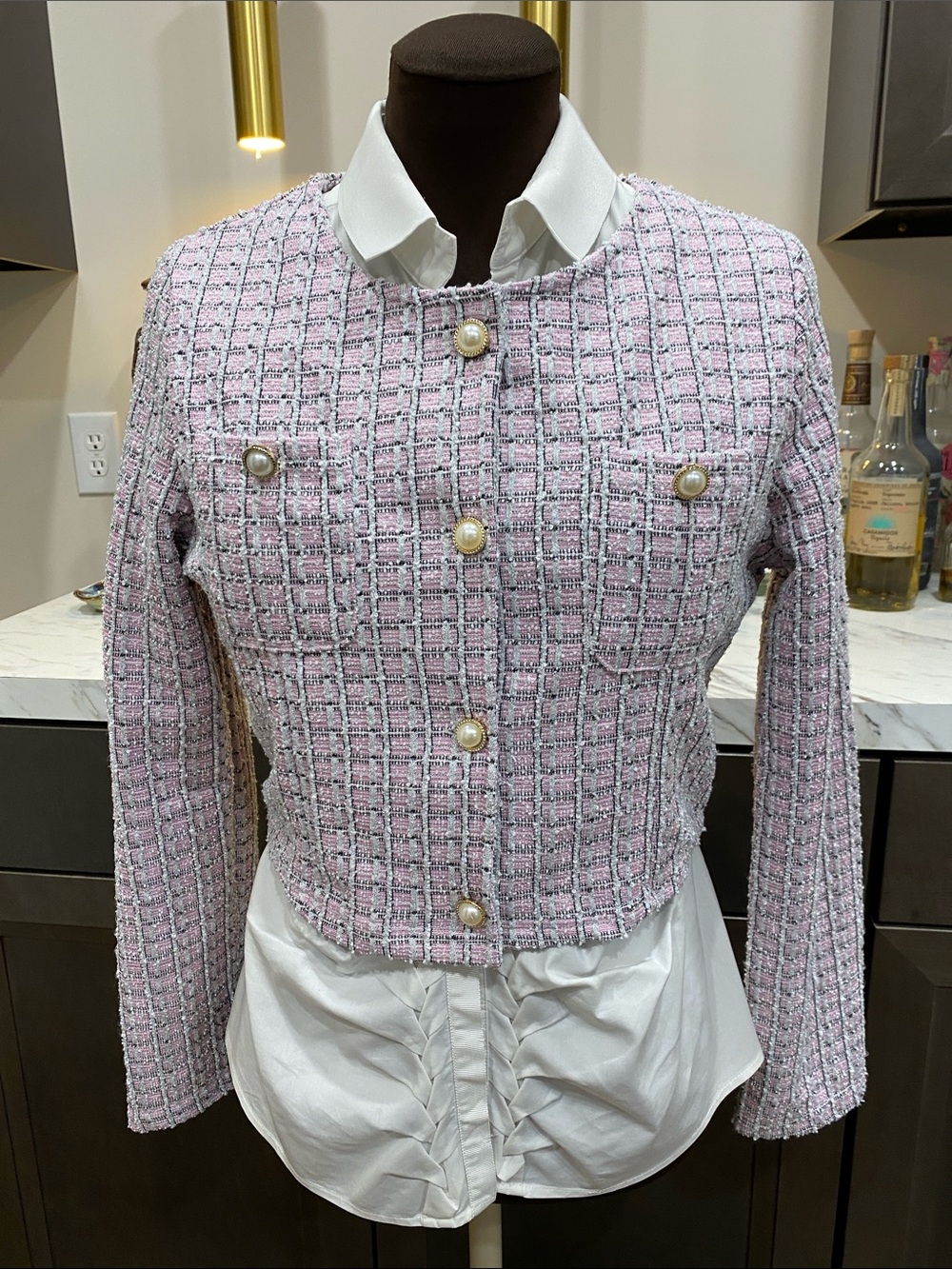 Dazy Pink Tweed Pearl-Button suit, jacket, coat, blazer top crop